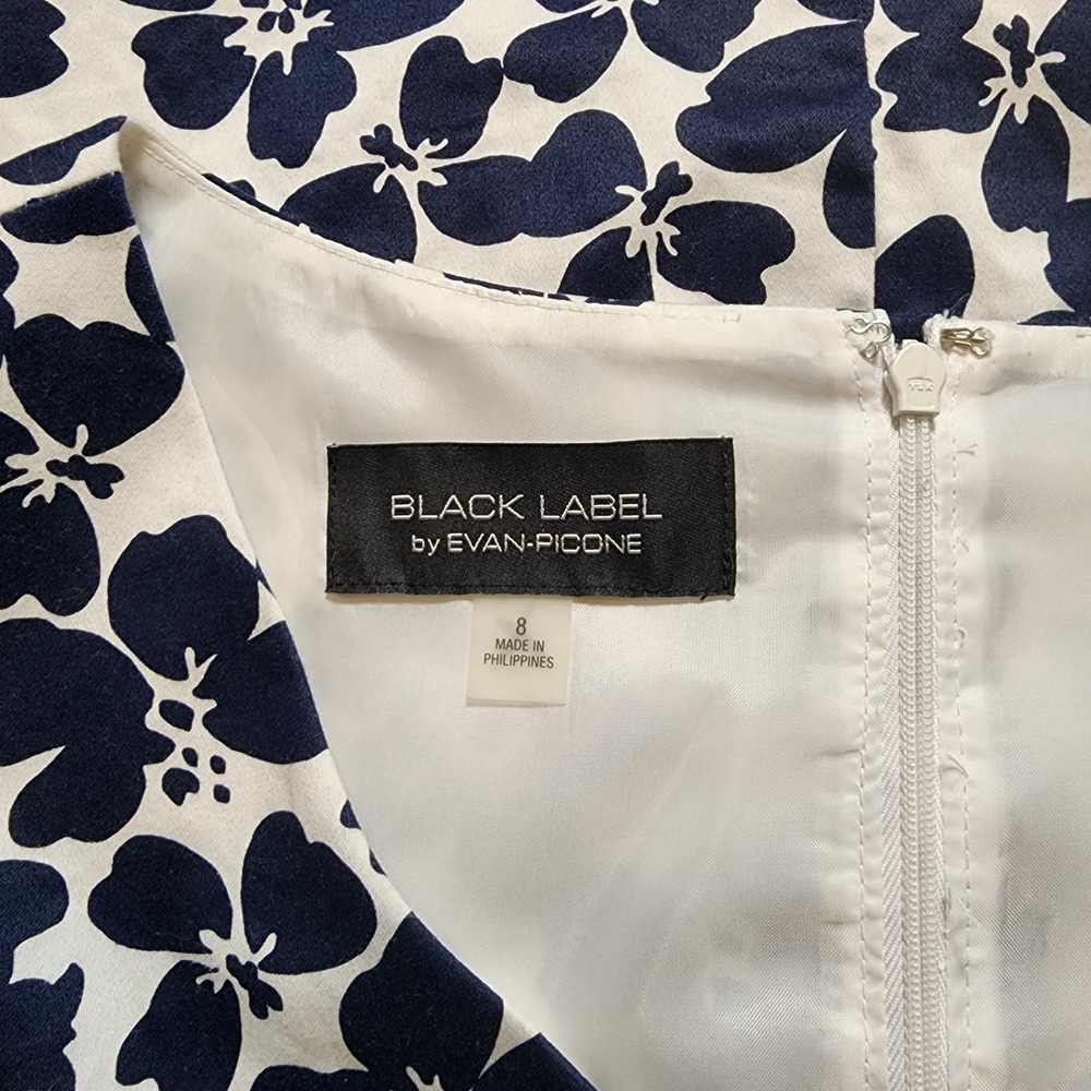 Black Label by Evan-Picone Navy White Floral Fit Flare Dress Size 8 Sleeveless - Picture 6 of 11
